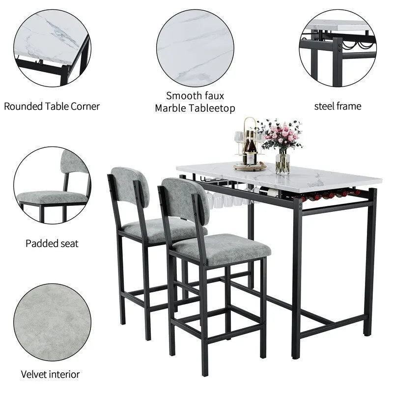 Ensemble de salle à manger 3 pièces Mieres, ensemble table et chaises pour 2 personnes, ensemble table de cuisine avec 2 chaises rembourrées