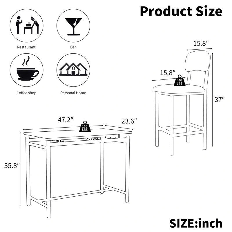 Ensemble de salle à manger 3 pièces Mieres, ensemble table et chaises pour 2 personnes, ensemble table de cuisine avec 2 chaises rembourrées