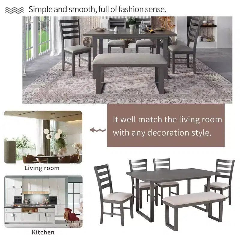 Whisen Ensemble table à manger en bois massif 6 pièces avec table rectangulaire, 4 chaises et banc - Gris