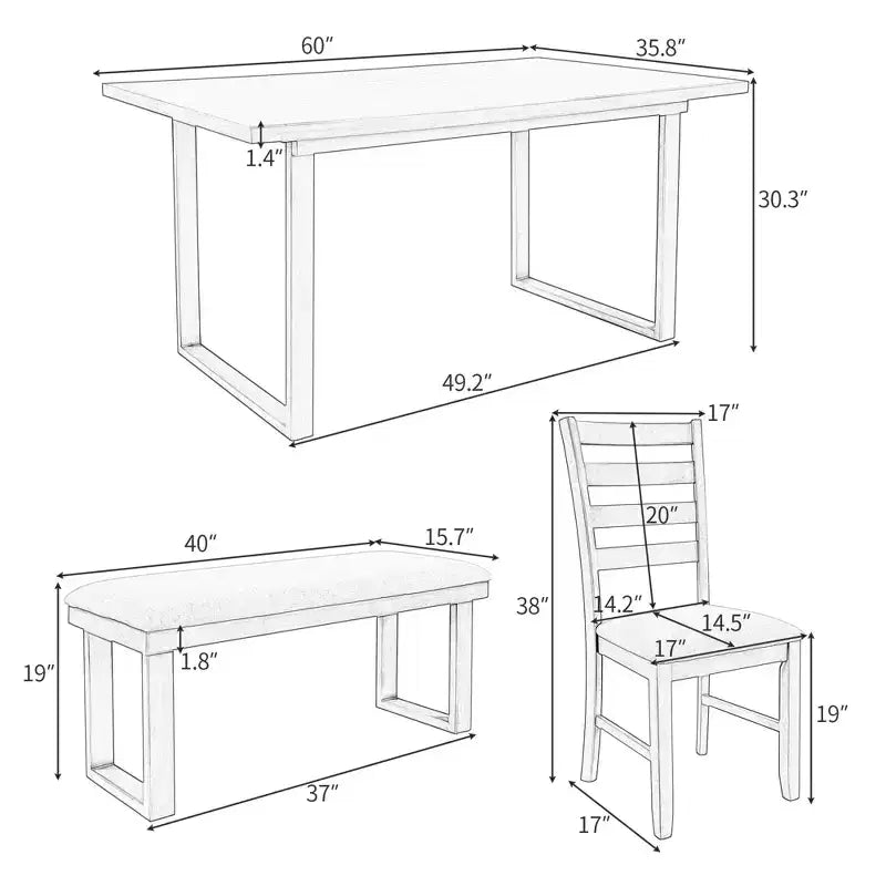 Whisen Ensemble table à manger en bois massif 6 pièces avec table rectangulaire, 4 chaises et banc - Gris