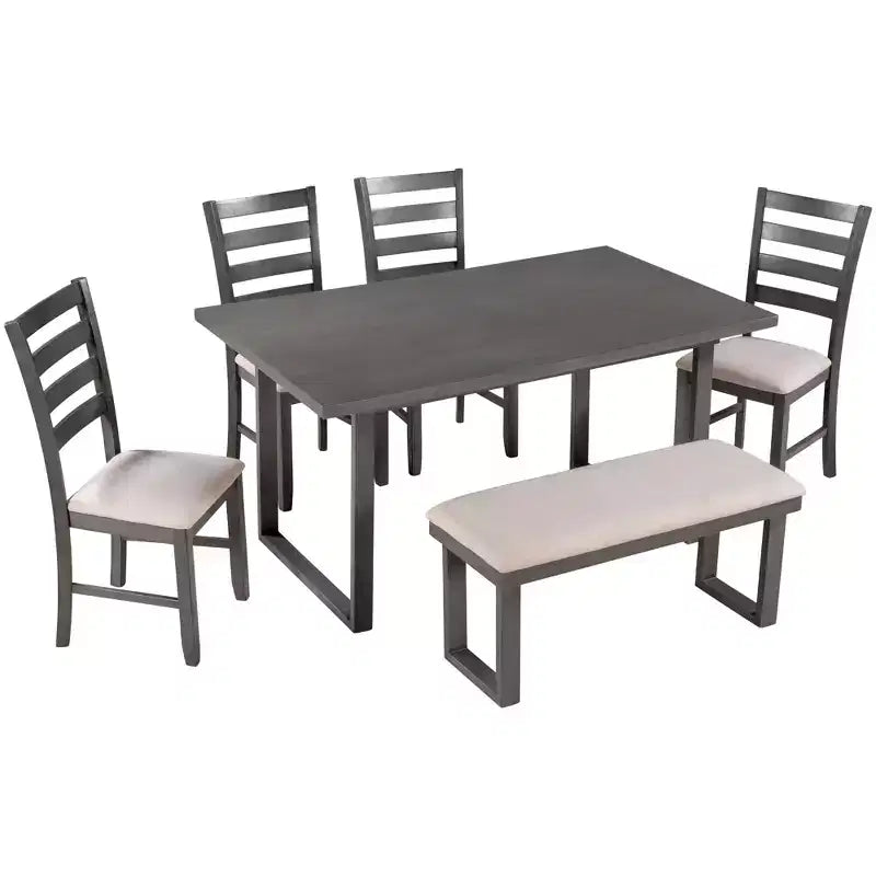 Whisen Ensemble table à manger en bois massif 6 pièces avec table rectangulaire, 4 chaises et banc - Gris