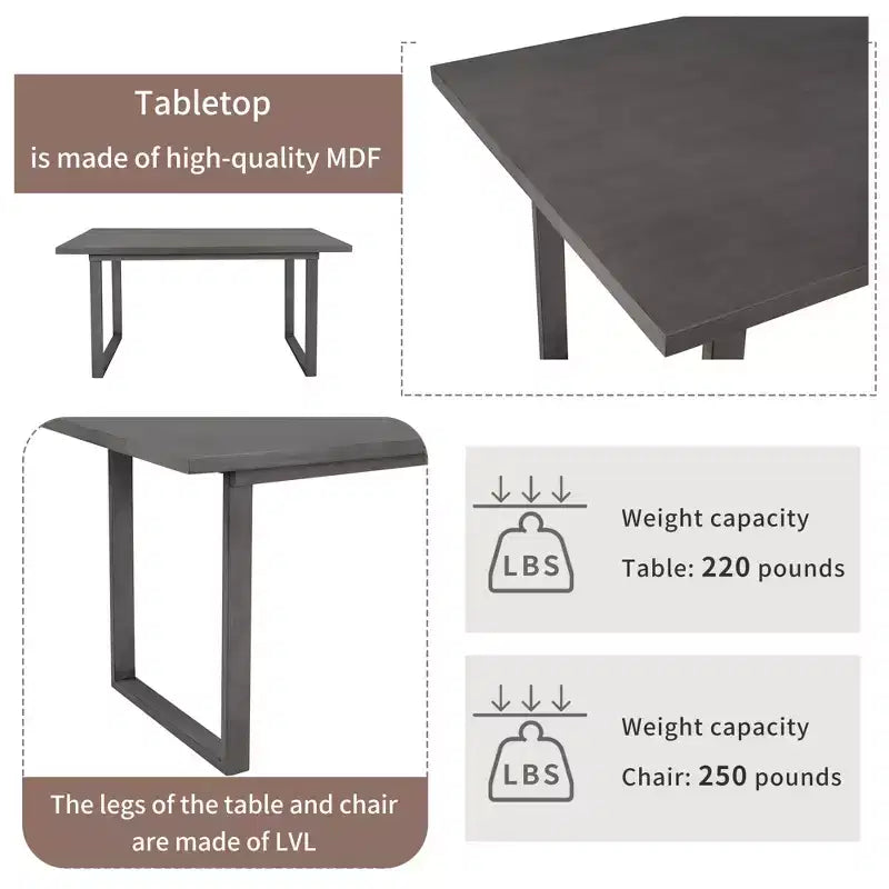 Whisen Ensemble table à manger en bois massif 6 pièces avec table rectangulaire, 4 chaises et banc - Gris