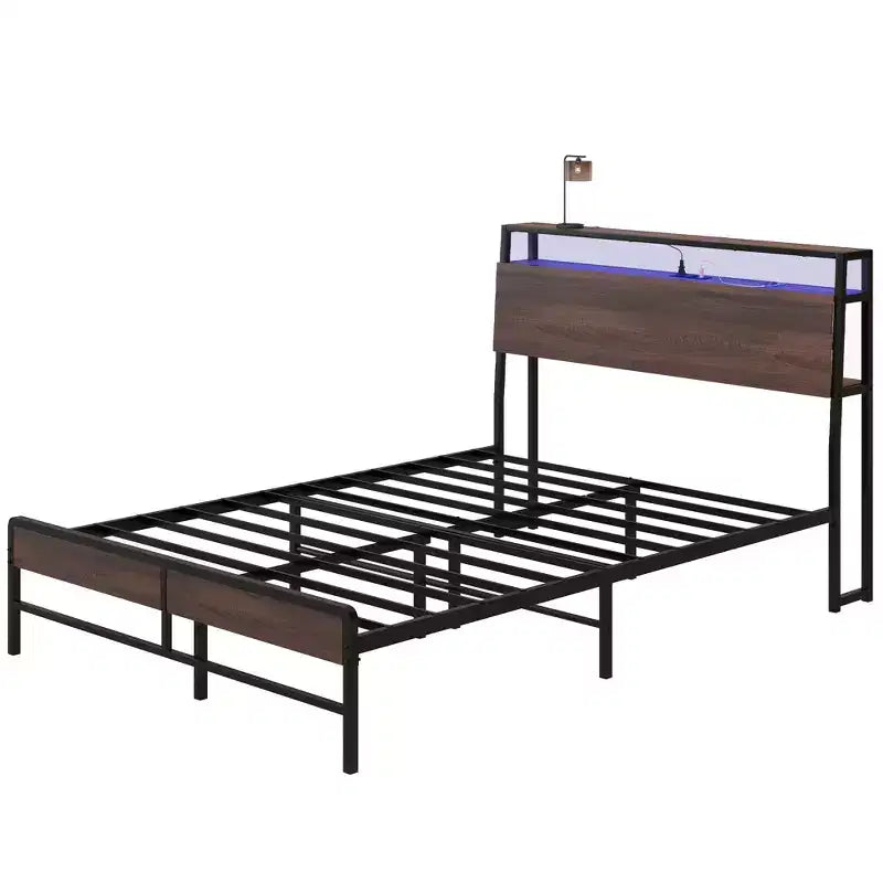 Cadre de lit HOMCOM avec tête de lit, cadre de lit double avec lumières, station de charge, étagère de rangement, silencieux et sans sommier tapissier, Noyer