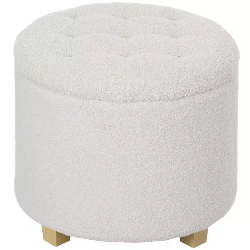 HOMCOM 18 Round Ottoman with Storage, Teddy Fleece Button Tufted Bedroom Stool with Removable Lid and Wood Legs for Living Room, Hallway, White
