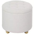 HOMCOM 18 Round Ottoman with Storage, Teddy Fleece Button Tufted Bedroom Stool with Removable Lid and Wood Legs for Living Room, Hallway, White