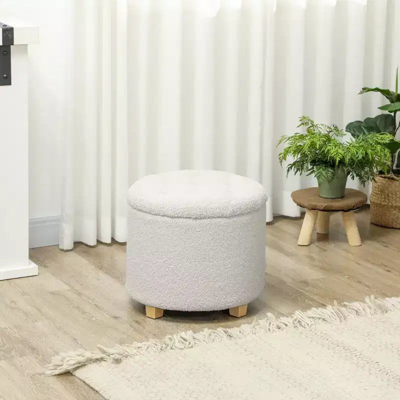 HOMCOM Pouf rond de 45 cm avec rangement, tabouret de chambre à coucher en molleton bouclette avec couvercle amovible et pieds en bois pour salon, couloir, blanc