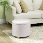 HOMCOM Pouf rond de 45 cm avec rangement, tabouret de chambre à coucher en molleton bouclette avec couvercle amovible et pieds en bois pour salon, couloir, blanc