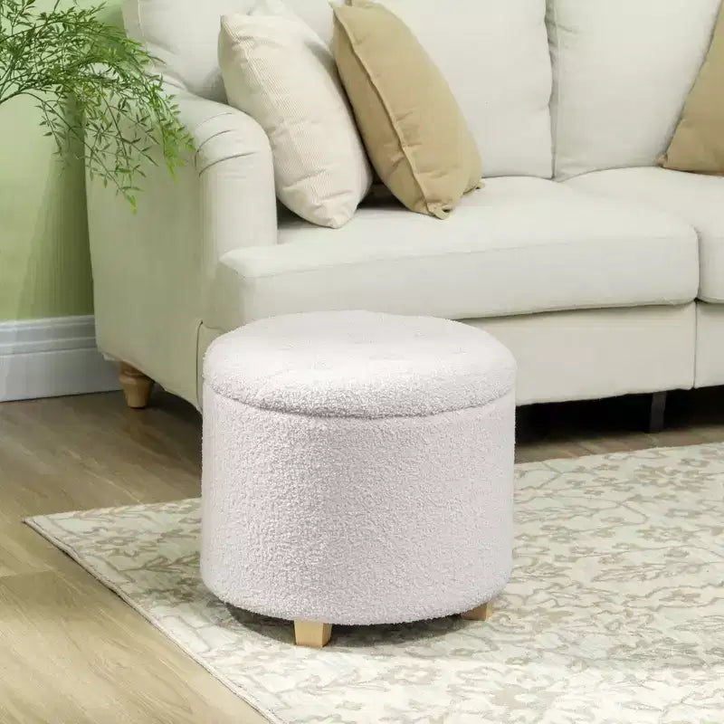 HOMCOM Pouf rond de 45 cm avec rangement, tabouret de chambre à coucher en molleton bouclette avec couvercle amovible et pieds en bois pour salon, couloir, blanc