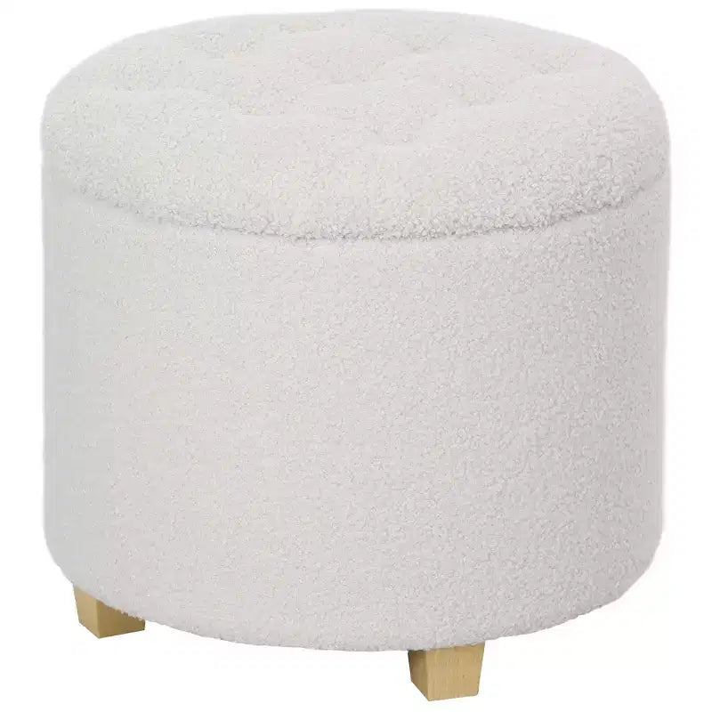 HOMCOM Pouf rond de 45 cm avec rangement, tabouret de chambre à coucher en molleton bouclette avec couvercle amovible et pieds en bois pour salon, couloir, blanc