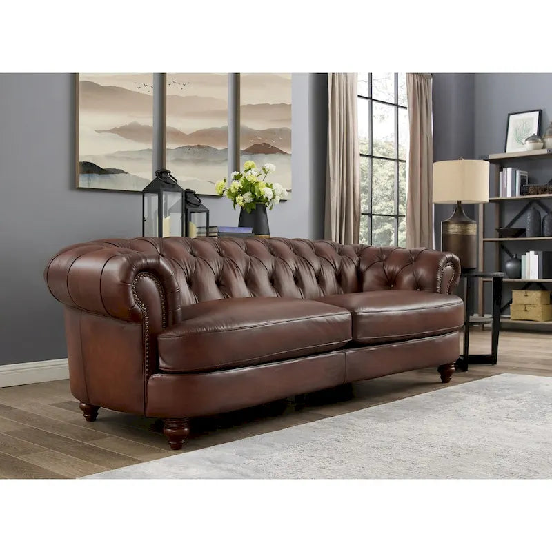 Canapé en cuir pleine fleur Chesterfield Hydeline Newport avec plumes, mousse à mémoire de forme et ressorts