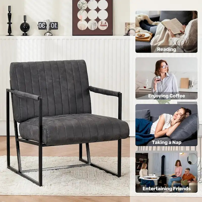 Fauteuil d'appoint rembourré avec cadre en métal robuste résistant à la rouille, fauteuil de lecture pour l'extérieur et l'intérieur