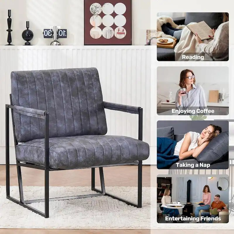 Fauteuil d'appoint rembourré avec cadre en métal robuste résistant à la rouille, fauteuil de lecture pour l'extérieur et l'intérieur