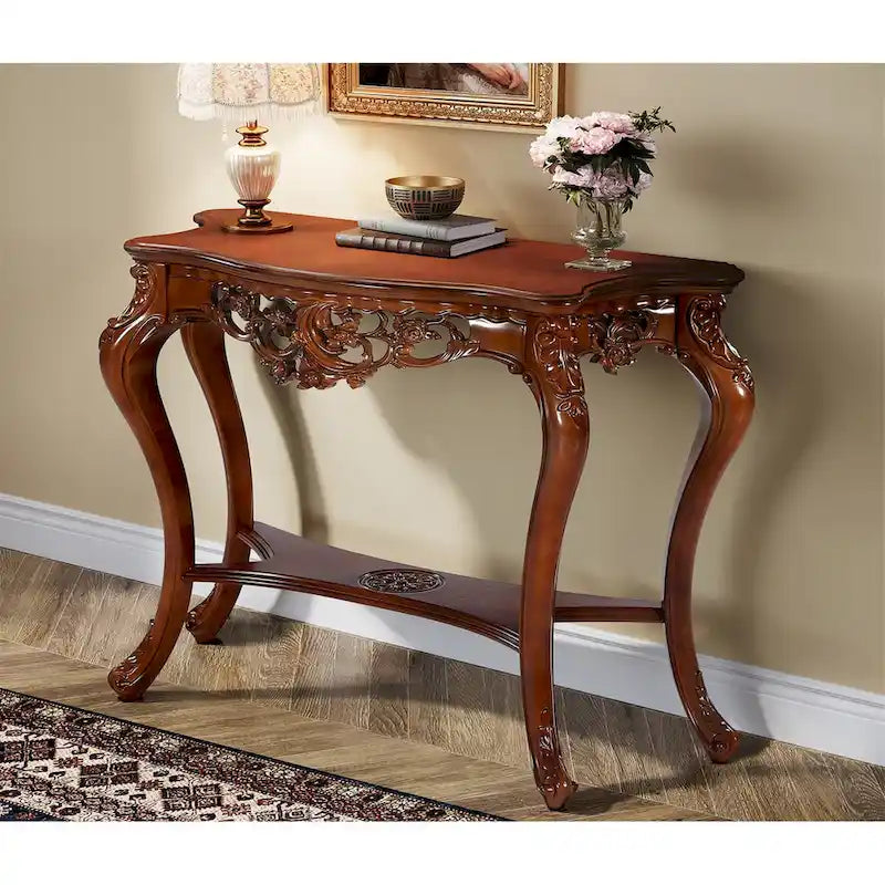 Console de style vintage sculptée avec étagères de rangement Table de canapé