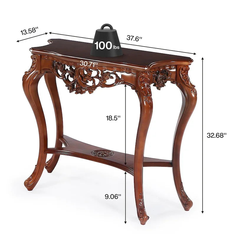 Console de style vintage sculptée avec étagères de rangement Table de canapé