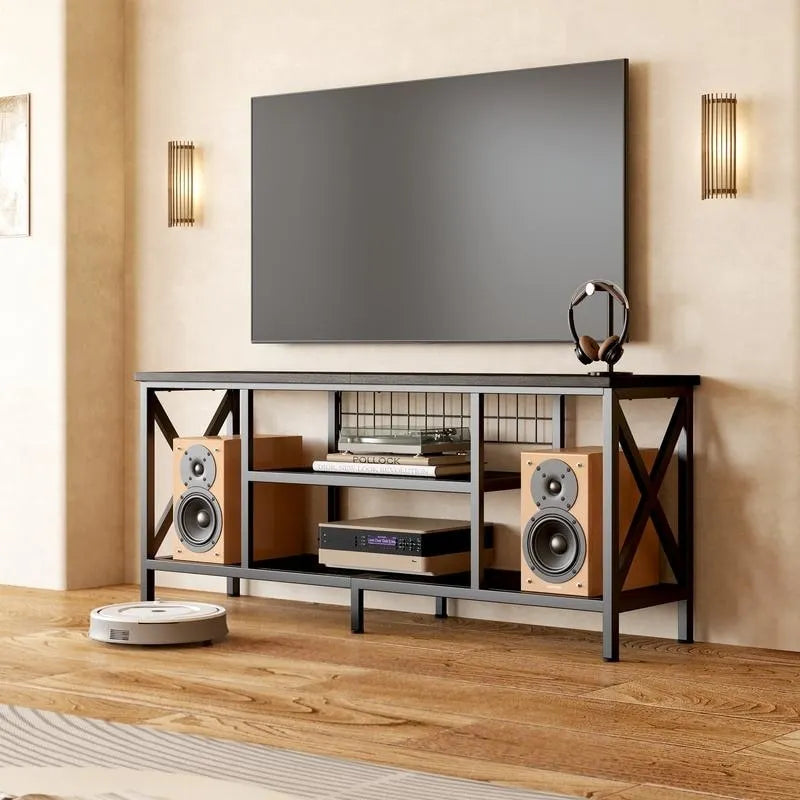 Meuble TV industriel Console TV pour télévisions Chambre à coucher avec étagères de rangement ouvertes