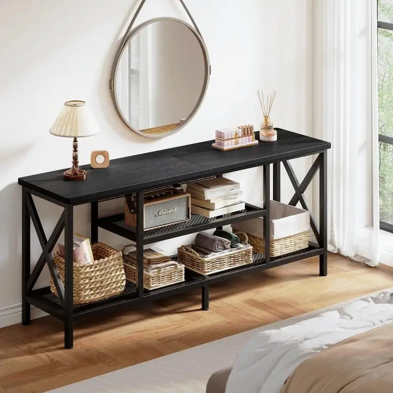 Meuble TV industriel Console TV pour télévisions Chambre à coucher avec étagères de rangement ouvertes