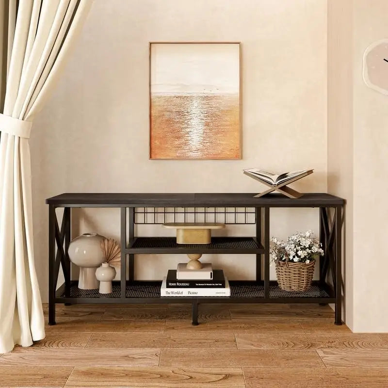 Meuble TV industriel Console TV pour télévisions Chambre à coucher avec étagères de rangement ouvertes