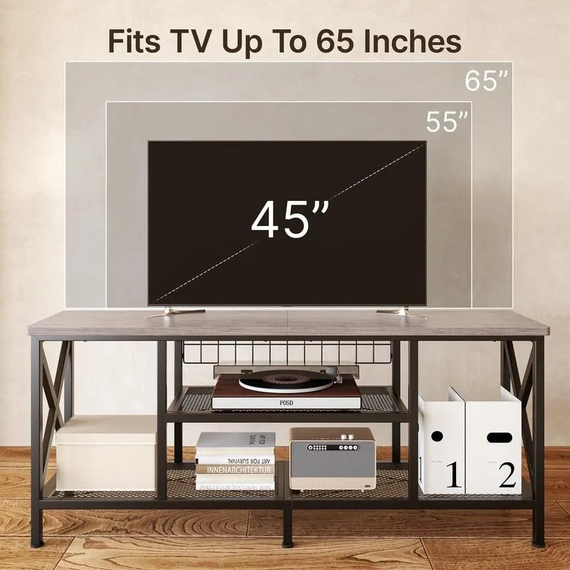 Meuble TV industriel Console TV pour télévisions Chambre à coucher avec étagères de rangement ouvertes