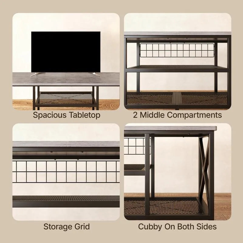 Meuble TV industriel Console TV pour télévisions Chambre à coucher avec étagères de rangement ouvertes