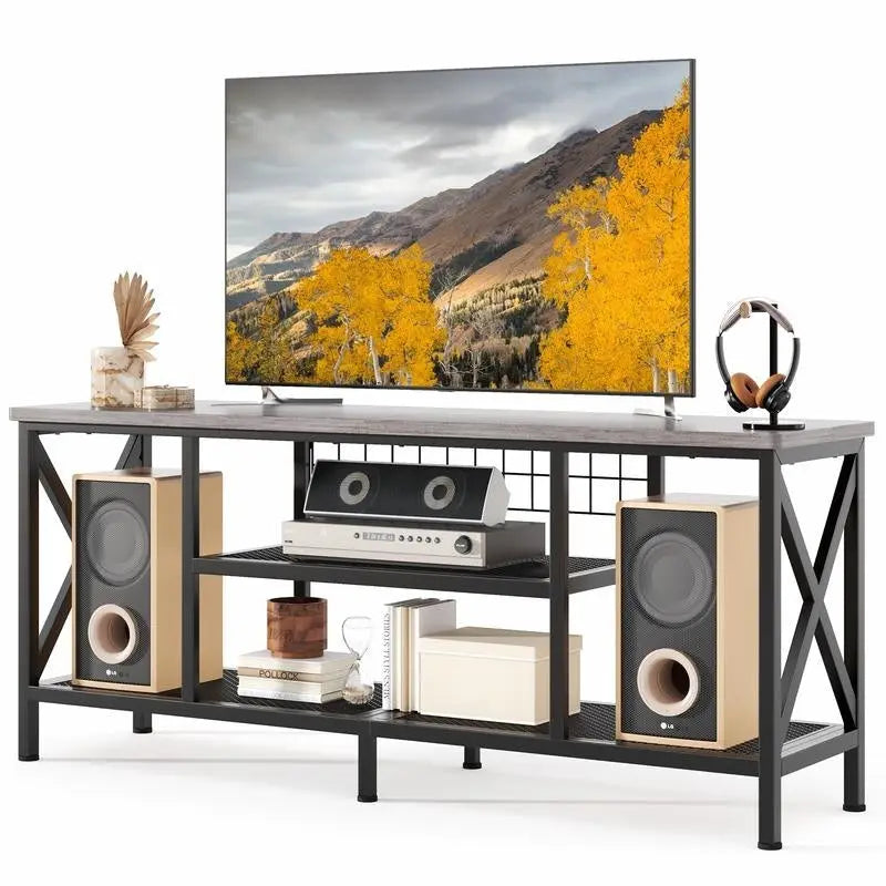 Meuble TV industriel Console TV pour télévisions Chambre à coucher avec étagères de rangement ouvertes