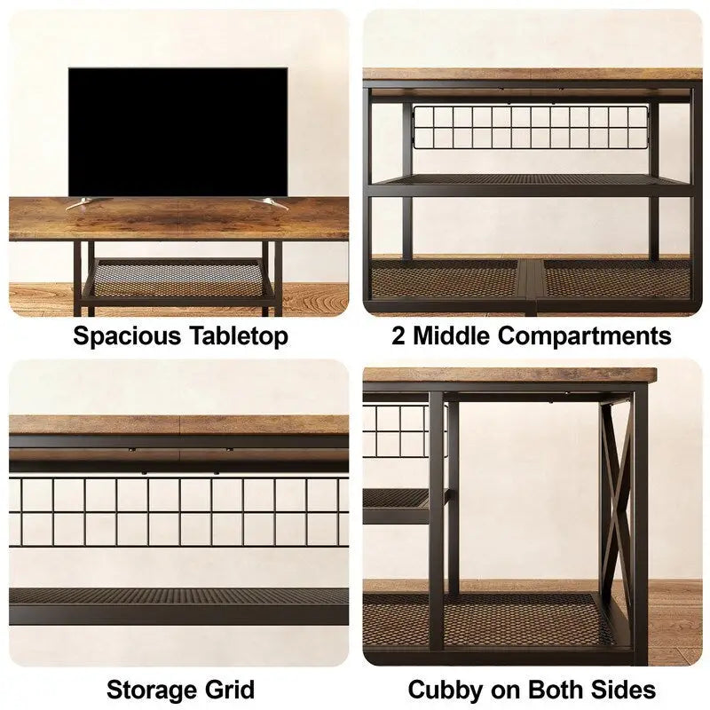 Meuble TV industriel Console TV pour télévisions Chambre à coucher avec étagères de rangement ouvertes