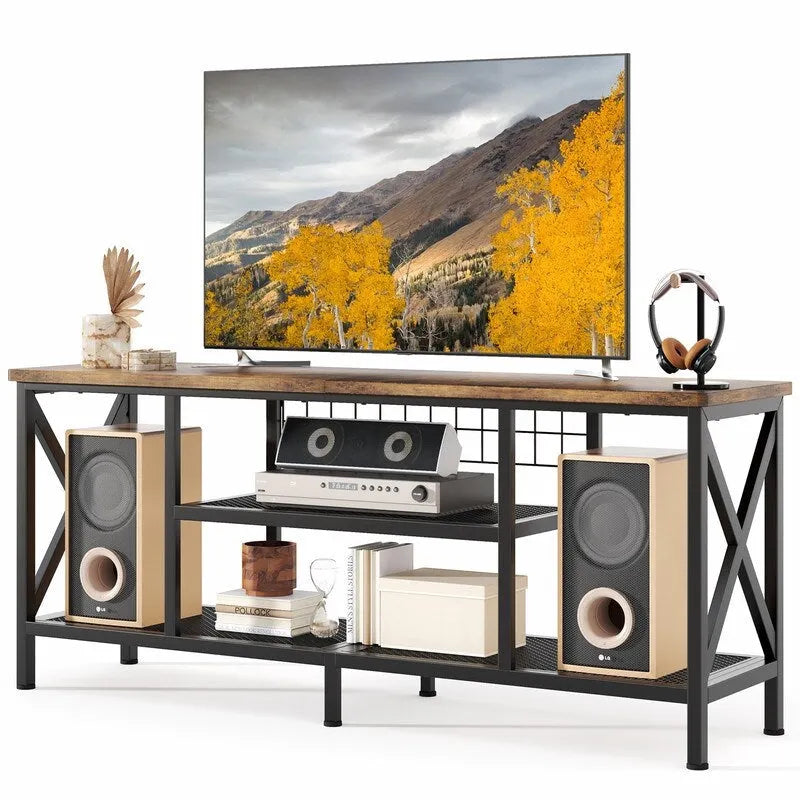 Meuble TV industriel Console TV pour télévisions Chambre à coucher avec étagères de rangement ouvertes