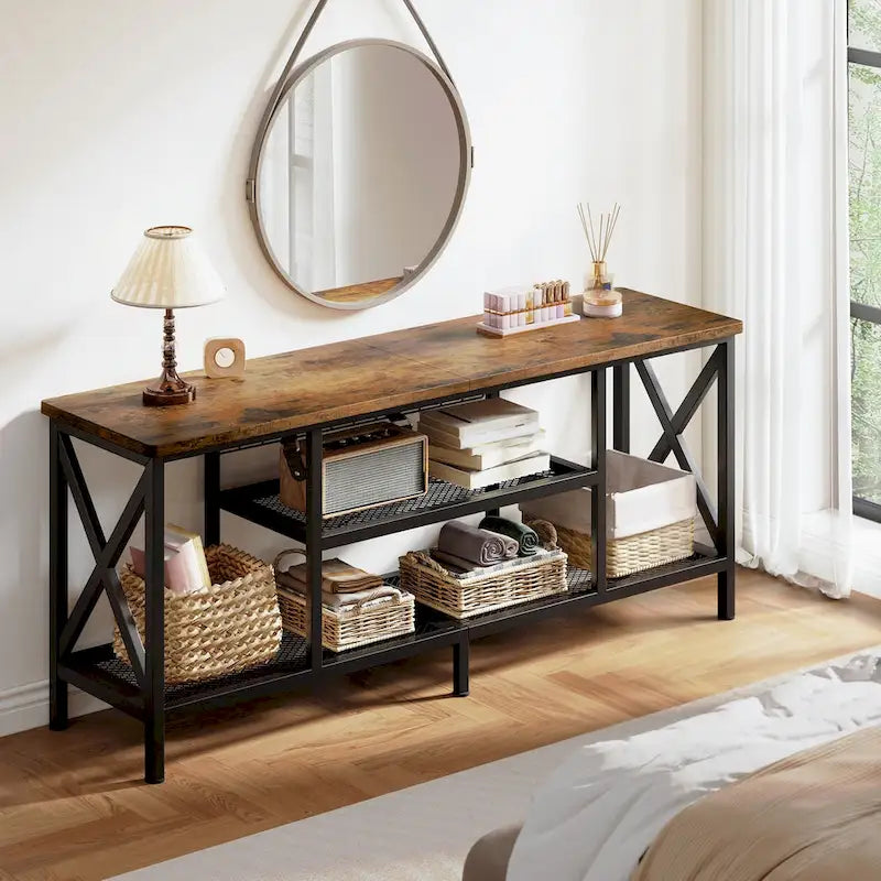 Meuble TV industriel Console TV pour télévisions Chambre à coucher avec étagères de rangement ouvertes