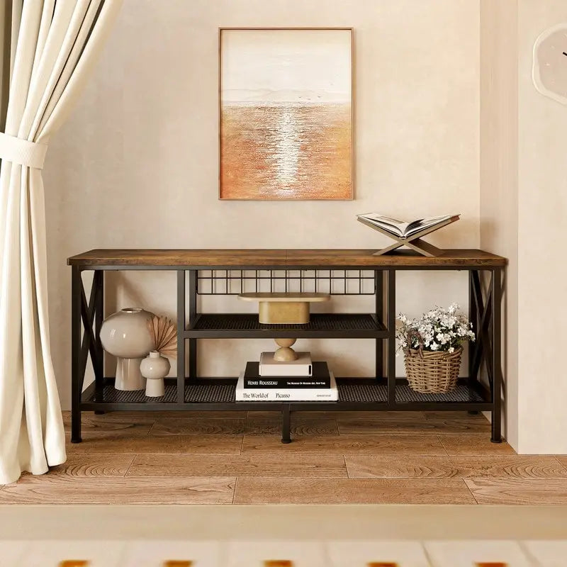 Meuble TV industriel Console TV pour télévisions Chambre à coucher avec étagères de rangement ouvertes