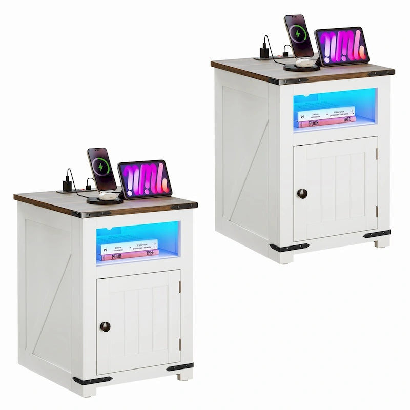Moasis Lot de 2 tables d'appoint de style rustique à LED avec station de recharge, tables de chevet avec ports USB