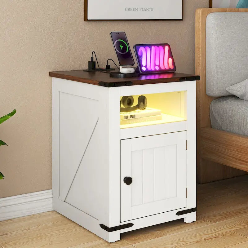 Moasis Lot de 2 tables d'appoint de style rustique à LED avec station de recharge, tables de chevet avec ports USB