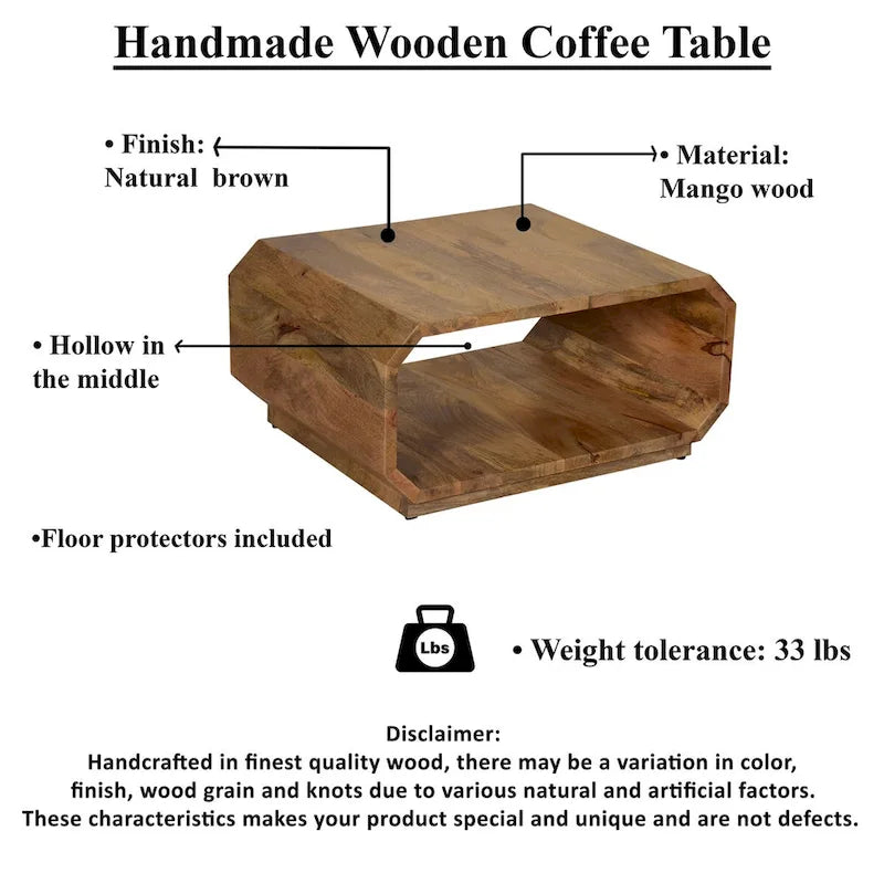 Table basse de 76 cm, cube évidé artisanal, en bois de manguier naturel marron