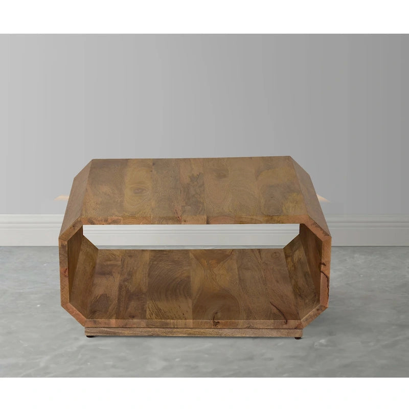 Table basse de 76 cm, cube évidé artisanal, en bois de manguier naturel marron