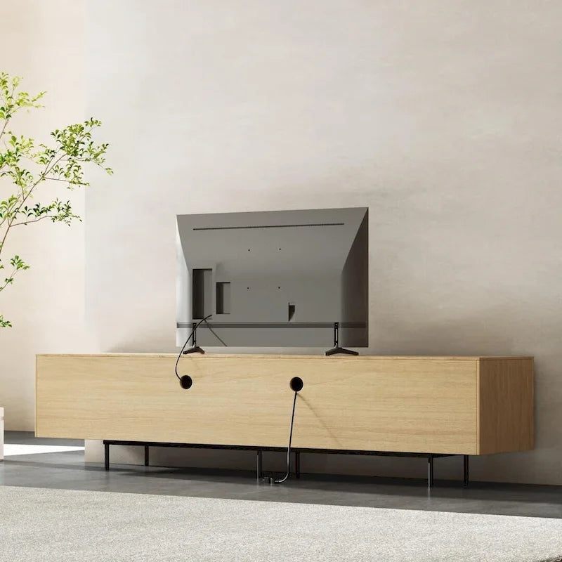 Meuble TV moderne élégant de style milieu de siècle pour téléviseurs jusqu'à 80 pouces. Grand espace de rangement pour appareils multimédias, gestion des câbles. Montage facile.