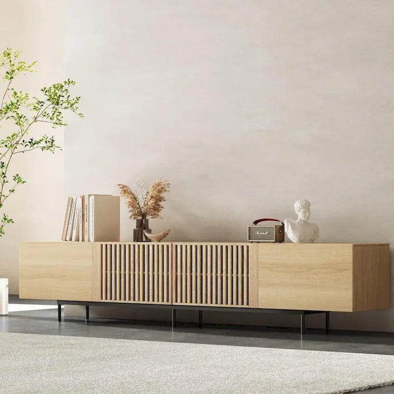 Meuble TV moderne élégant de style milieu de siècle pour téléviseurs jusqu'à 80 pouces. Grand espace de rangement pour appareils multimédias, gestion des câbles. Montage facile.