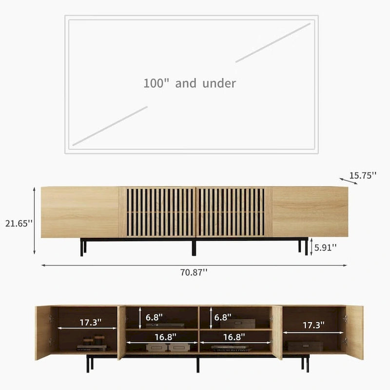 Meuble TV moderne élégant de style milieu de siècle pour téléviseurs jusqu'à 80 pouces. Grand espace de rangement pour appareils multimédias, gestion des câbles. Montage facile.