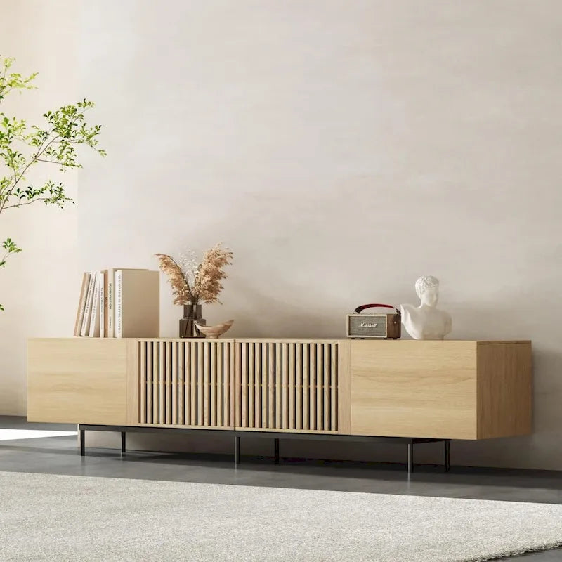 Meuble TV moderne élégant de style milieu de siècle pour téléviseurs jusqu'à 80 pouces. Grand espace de rangement pour appareils multimédias, gestion des câbles. Montage facile.