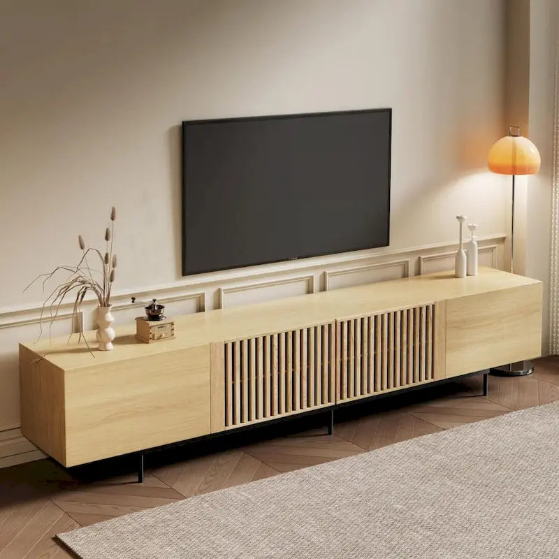 Meuble TV moderne élégant de style milieu de siècle pour téléviseurs jusqu'à 80 pouces. Grand espace de rangement pour appareils multimédias, gestion des câbles. Montage facile.
