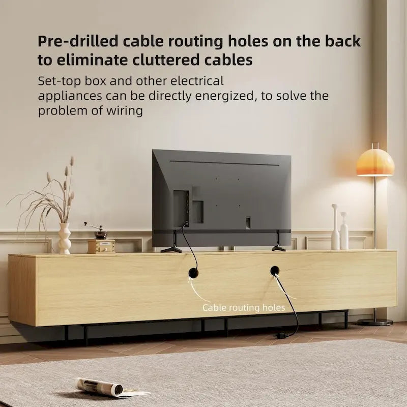 Meuble TV moderne élégant de style milieu de siècle pour téléviseurs jusqu'à 80 pouces. Grand espace de rangement pour appareils multimédias, gestion des câbles. Montage facile.