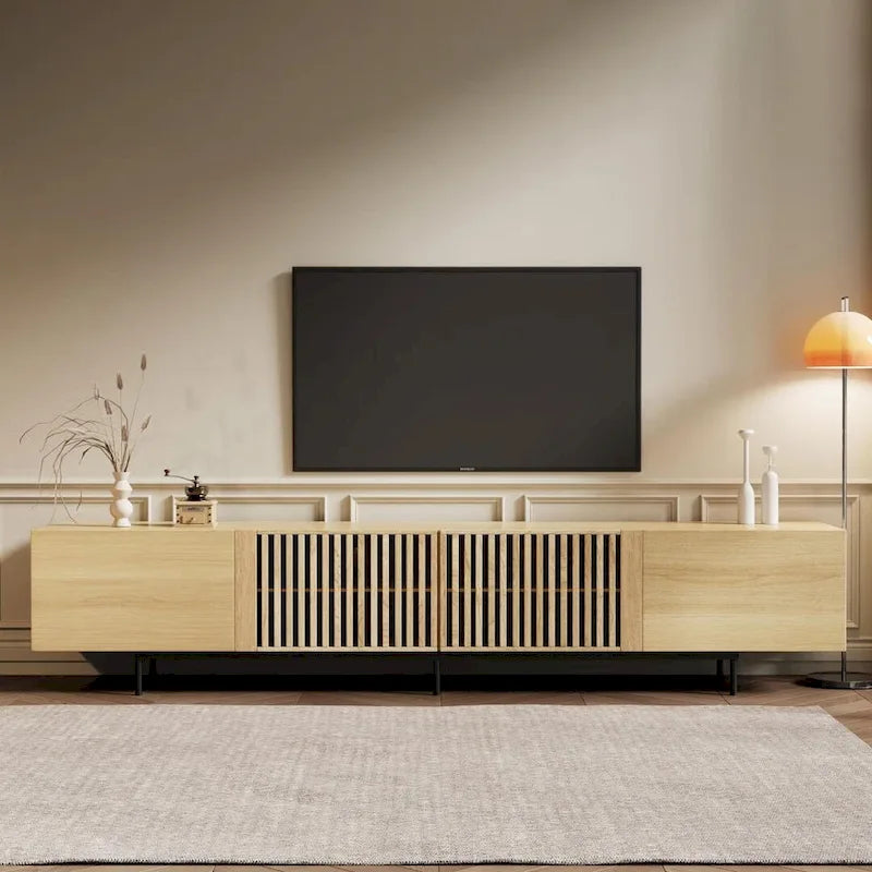 Meuble TV moderne élégant de style milieu de siècle pour téléviseurs jusqu'à 80 pouces. Grand espace de rangement pour appareils multimédias, gestion des câbles. Montage facile.