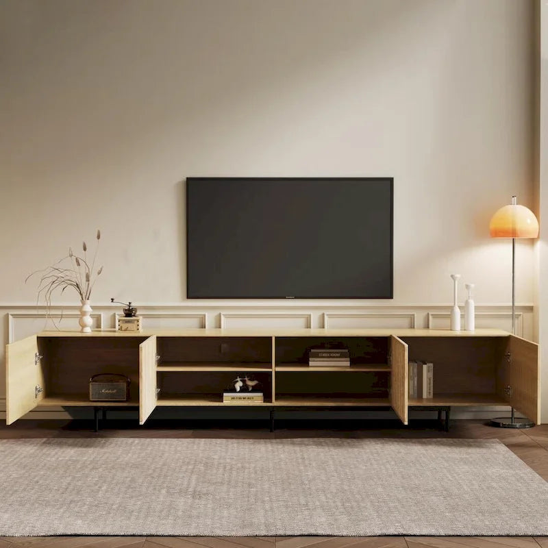 Meuble TV moderne élégant de style milieu de siècle pour téléviseurs jusqu'à 80 pouces. Grand espace de rangement pour appareils multimédias, gestion des câbles. Montage facile.