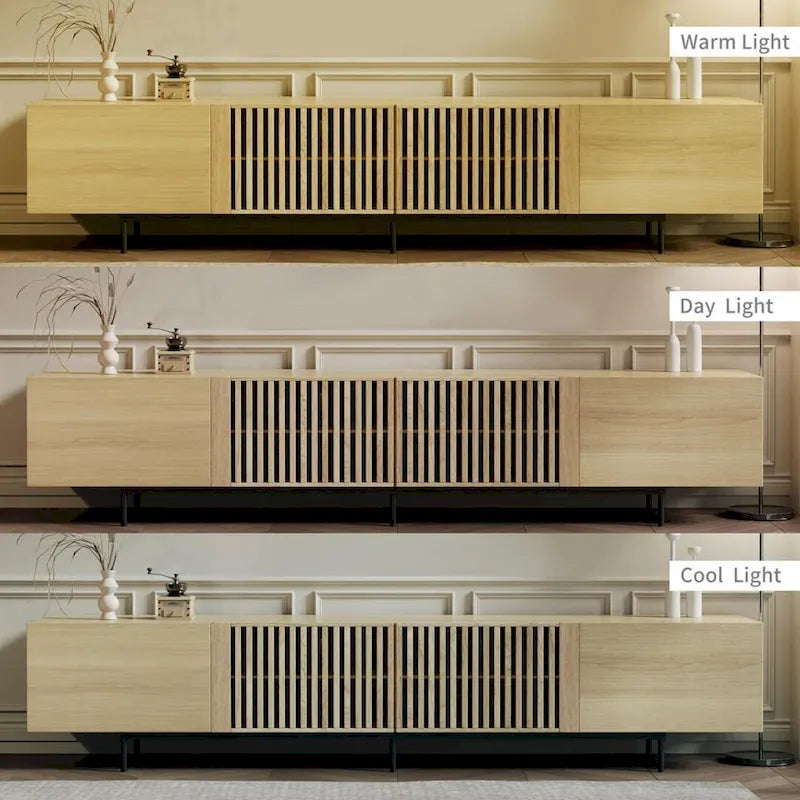 Meuble TV moderne élégant de style milieu de siècle pour téléviseurs jusqu'à 80 pouces. Grand espace de rangement pour appareils multimédias, gestion des câbles. Montage facile.