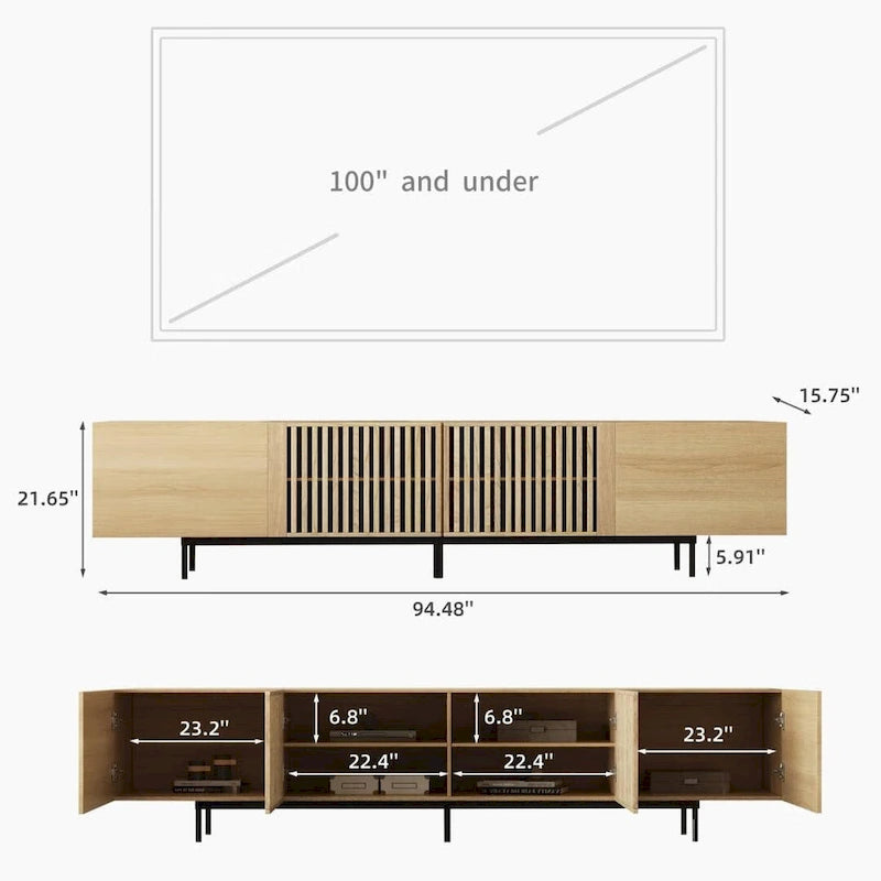 Meuble TV moderne élégant de style milieu de siècle pour téléviseurs jusqu'à 80 pouces. Grand espace de rangement pour appareils multimédias, gestion des câbles. Montage facile.