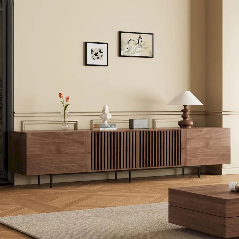 Meuble TV moderne élégant de style milieu de siècle pour téléviseurs jusqu'à 80 pouces. Grand espace de rangement pour appareils multimédias, gestion des câbles. Montage facile.