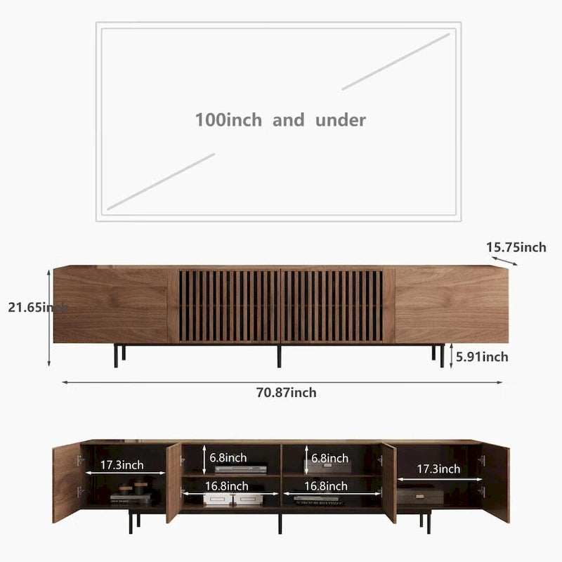 Meuble TV moderne élégant de style milieu de siècle pour téléviseurs jusqu'à 80 pouces. Grand espace de rangement pour appareils multimédias, gestion des câbles. Montage facile.
