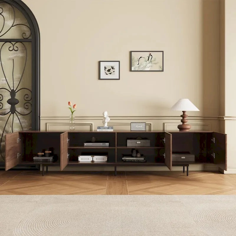 Meuble TV moderne élégant de style milieu de siècle pour téléviseurs jusqu'à 80 pouces. Grand espace de rangement pour appareils multimédias, gestion des câbles. Montage facile.