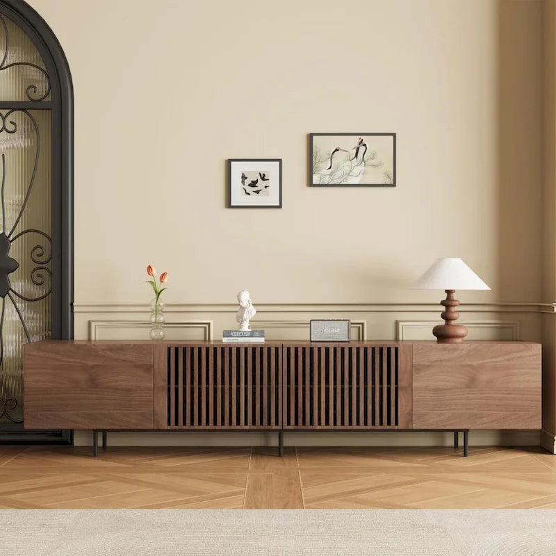 Meuble TV moderne élégant de style milieu de siècle pour téléviseurs jusqu'à 80 pouces. Grand espace de rangement pour appareils multimédias, gestion des câbles. Montage facile.