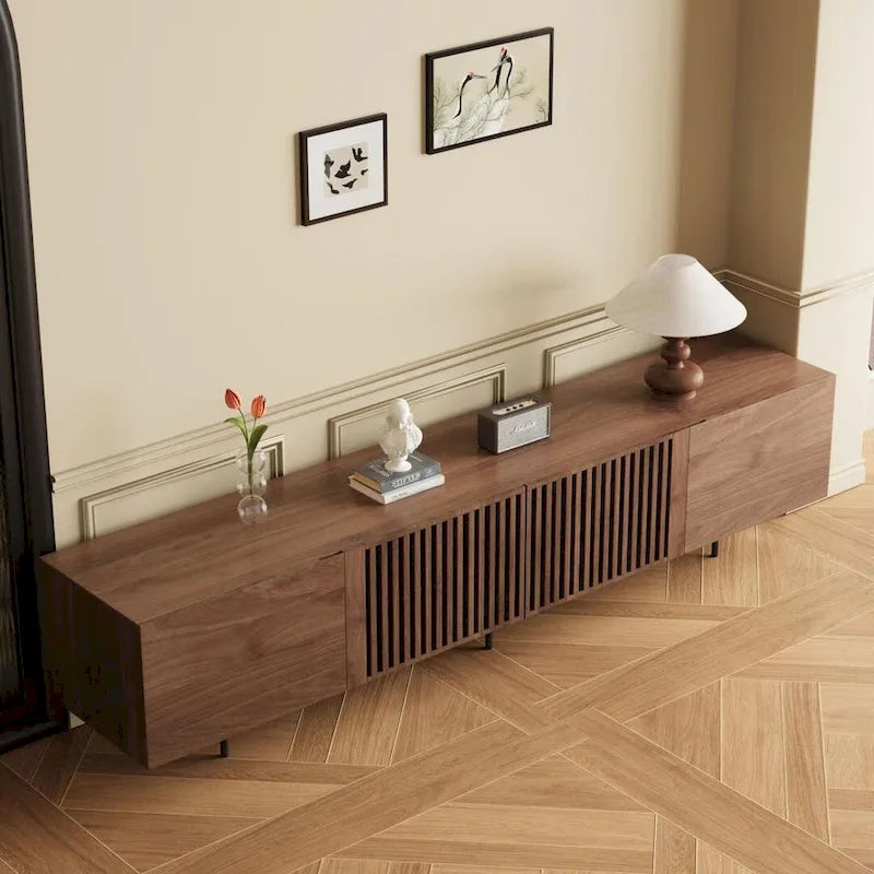Meuble TV moderne élégant de style milieu de siècle pour téléviseurs jusqu'à 80 pouces. Grand espace de rangement pour appareils multimédias, gestion des câbles. Montage facile.