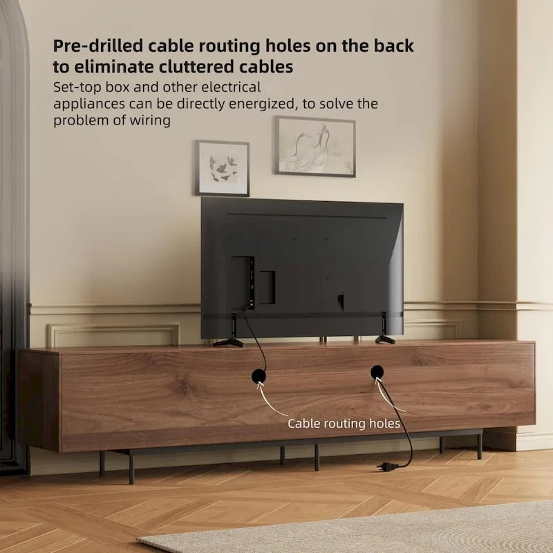 Meuble TV moderne élégant de style milieu de siècle pour téléviseurs jusqu'à 80 pouces. Grand espace de rangement pour appareils multimédias, gestion des câbles. Montage facile.
