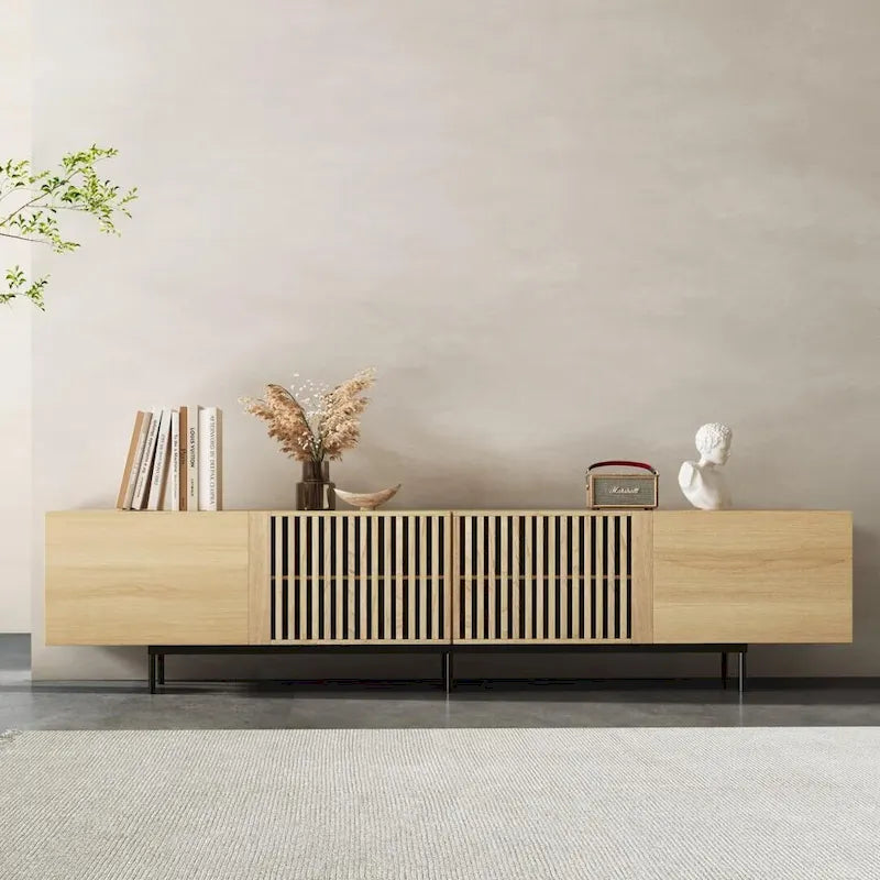 Meuble TV moderne élégant de style milieu de siècle pour téléviseurs jusqu'à 80 pouces. Grand espace de rangement pour appareils multimédias, gestion des câbles. Montage facile.