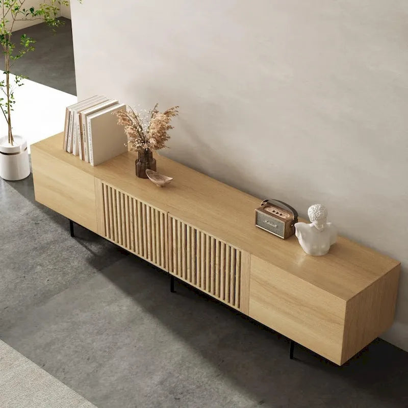 Meuble TV moderne élégant de style milieu de siècle pour téléviseurs jusqu'à 80 pouces. Grand espace de rangement pour appareils multimédias, gestion des câbles. Montage facile.
